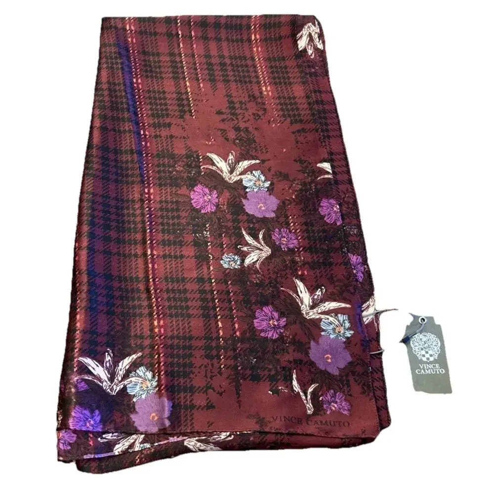 NWT Vince Camuto Oblong Scarf Red‎ Floral Plaid Pattern Satin Fabric 36x72”
